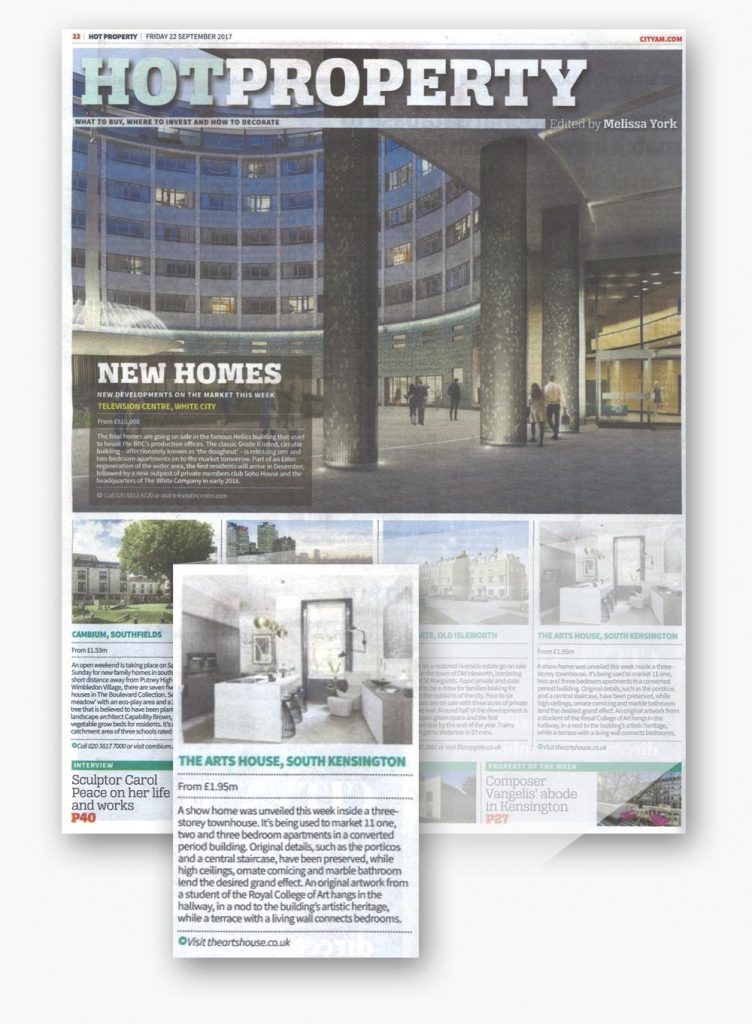 An image of the article featuring the Arts House show home launch - A Henley Space renovation luxury development in the Hot Property section of City AM