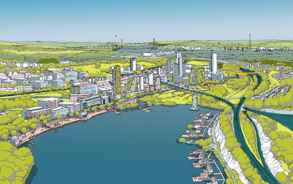 A colour image of the future vision for Ebbsfleet - A Henley Camland Ebsfleet development project