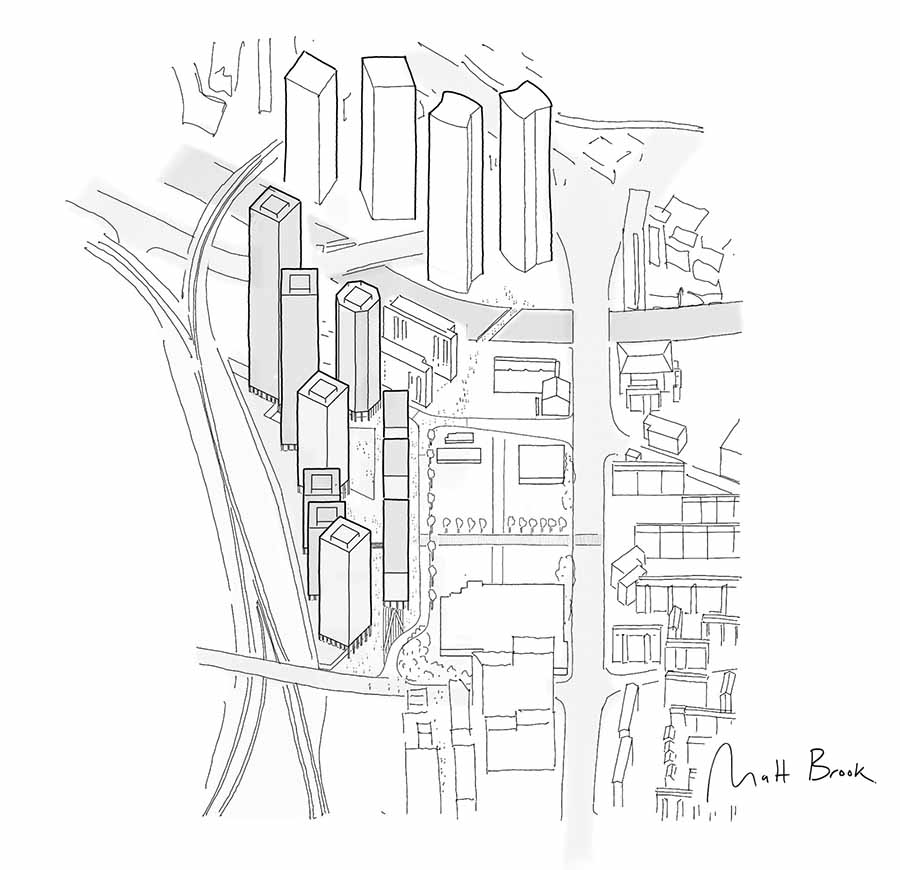 Plans by Matt Brook for the proposed redevelopment of Regent retail park Salford by Henley Investments