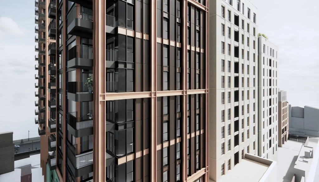 Designed for Long-Term Value Architectural CGI detail of residential towers at Albert & Swedish Wharf