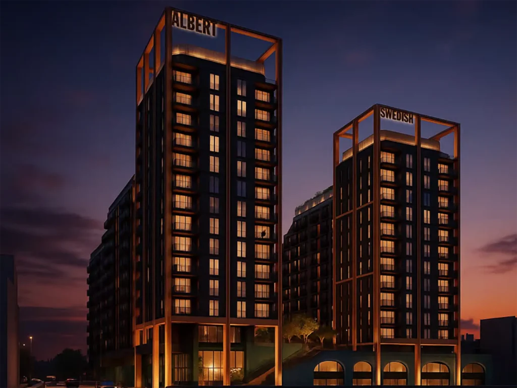 Albert & Swedish Wharf at Dusk Evening CGI of Albert & Swedish Wharf residential towers