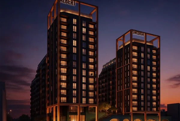 Evening CGI of Albert & Swedish Wharf residential towers
