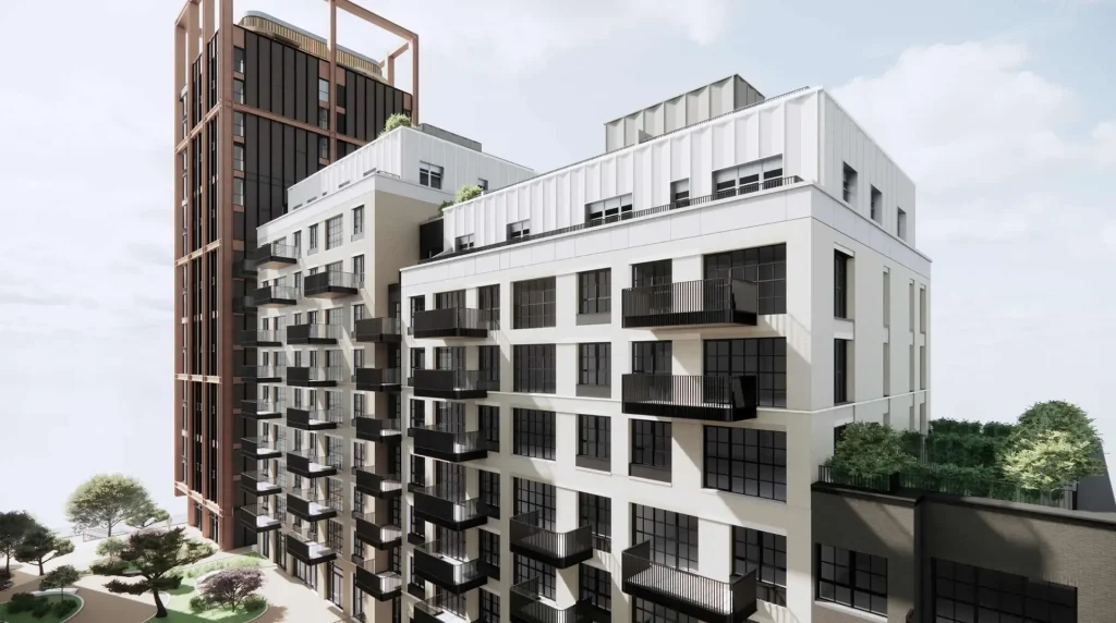 A Landmark Riverside Development CGI of Albert & Swedish Wharf mixed-use development in Fulham, London