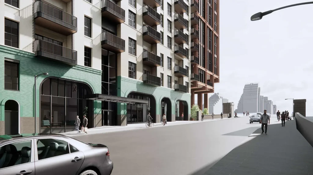 Transforming a Prime Urban Site Street-level CGI showing the entrance to Albert & Swedish Wharf in Fulham