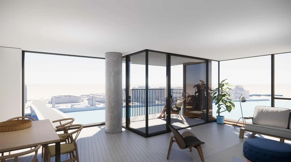 Exceptional Riverside Living CGI of a penthouse terrace overlooking London at Albert & Swedish Wharf