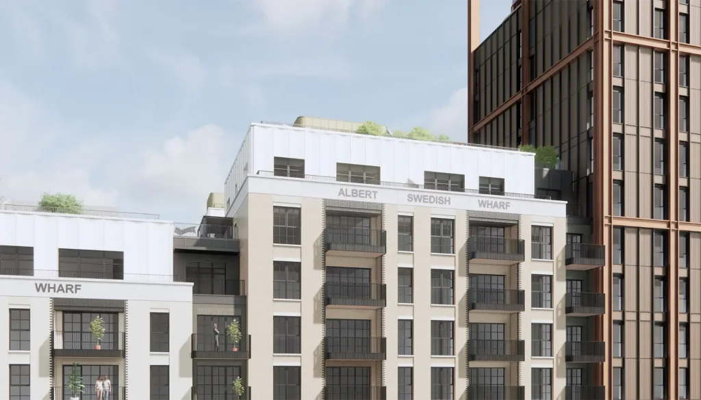 Crafted for Modern Urban Living Architectural CGI detail of Albert & Swedish Wharf residential buildings