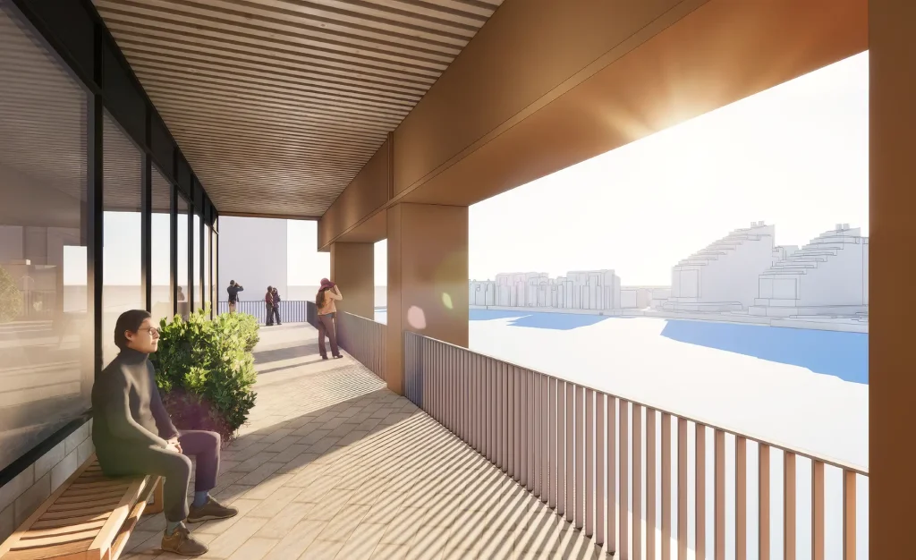 Riverside Balcony at Albert & Swedish Wharf Covered riverside balcony and resident amenity space at Albert & Swedish Wharf, Fulham