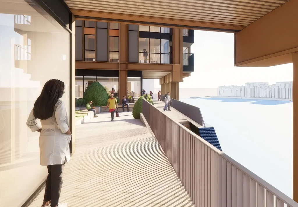 Creating Spaces for Community CGI of communal riverside amenity space at Albert & Swedish Wharf development
