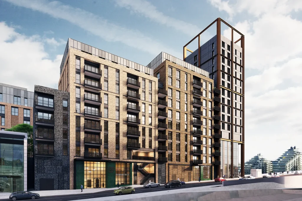 A New Chapter on the Thames CGI showing riverside residential buildings at Albert & Swedish Wharf development