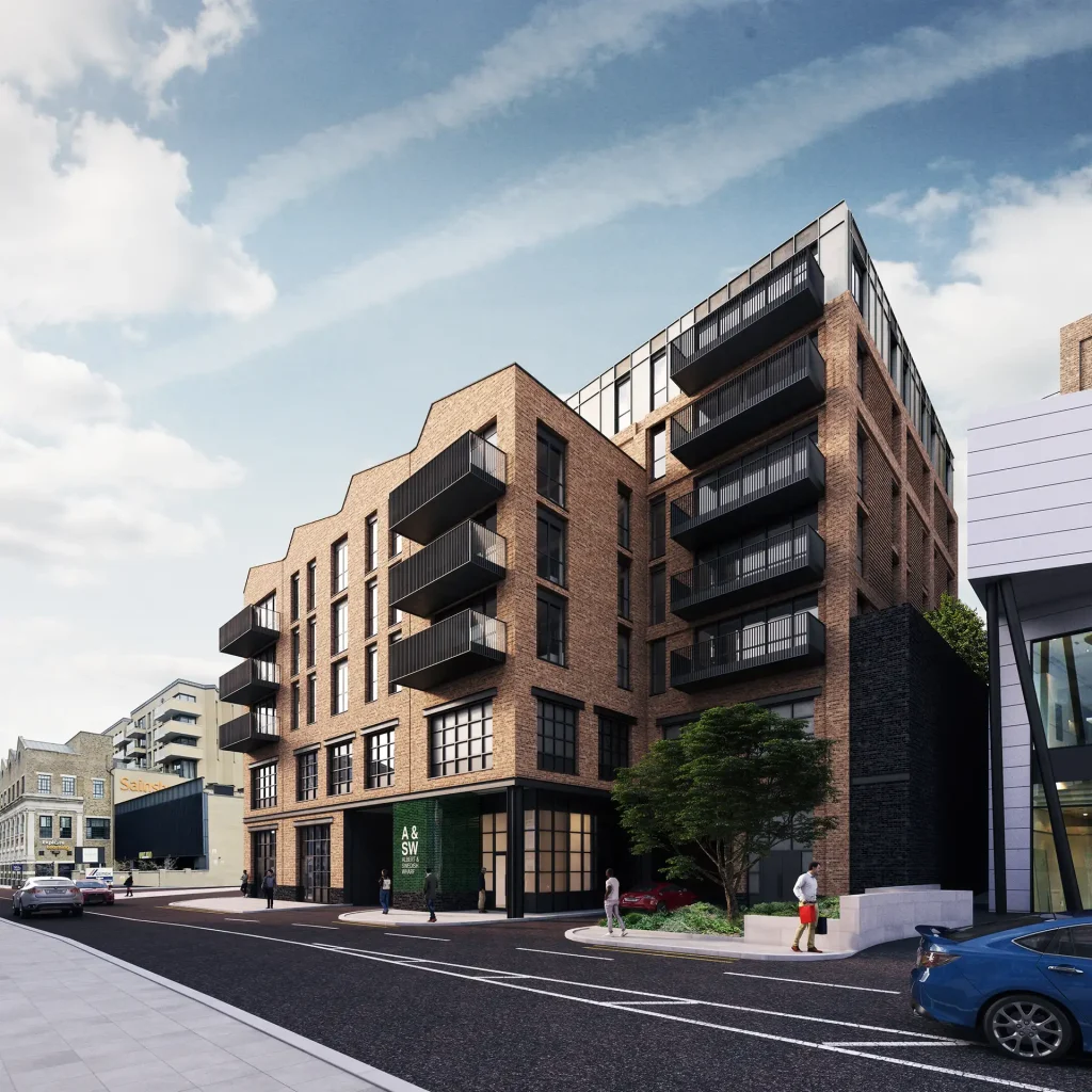 Industrial Heritage Reimagined Street-level CGI of warehouse-style residential building at Albert & Swedish Wharf, Fulham