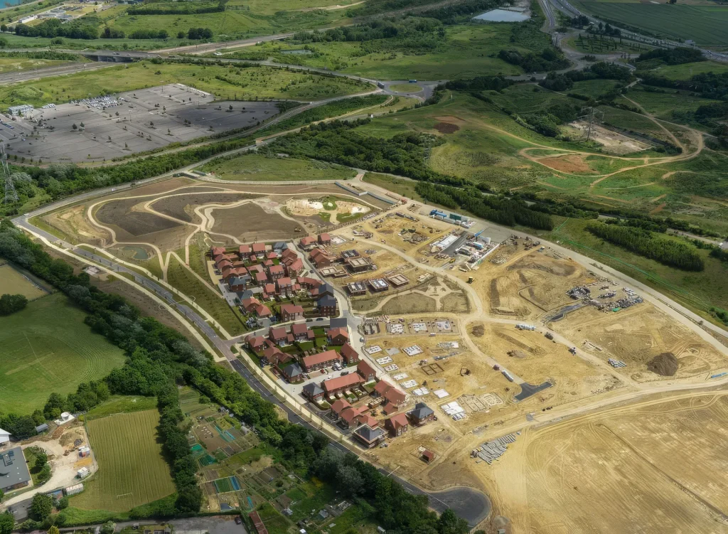 Transforming Land at Scale Aerial view showing early development works at Whitecliffe, Ebbsfleet Garden City