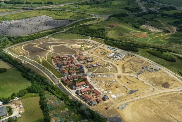Aerial view showing early development works at Whitecliffe, Ebbsfleet Garden City