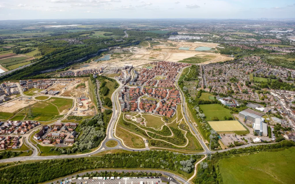 Creating a New Community Aerial view of Whitecliffe at Ebbsfleet Garden City showing homes, infrastructure and public realm