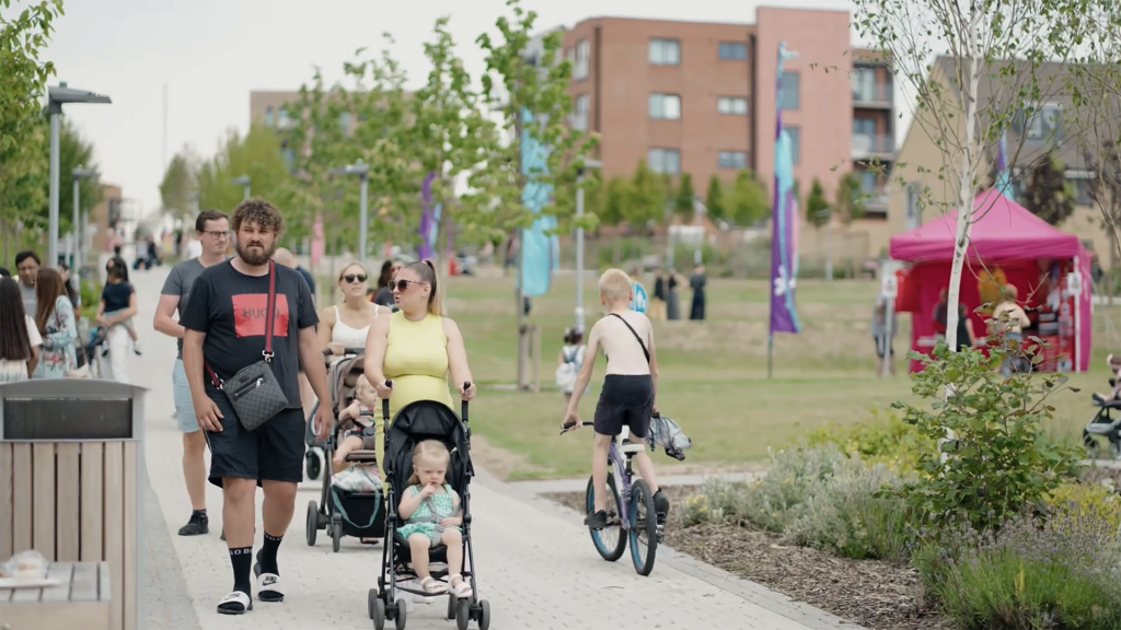 Community Life at Ebbsfleet Residents enjoying a community event in the public spaces of Ebbsfleet Garden City