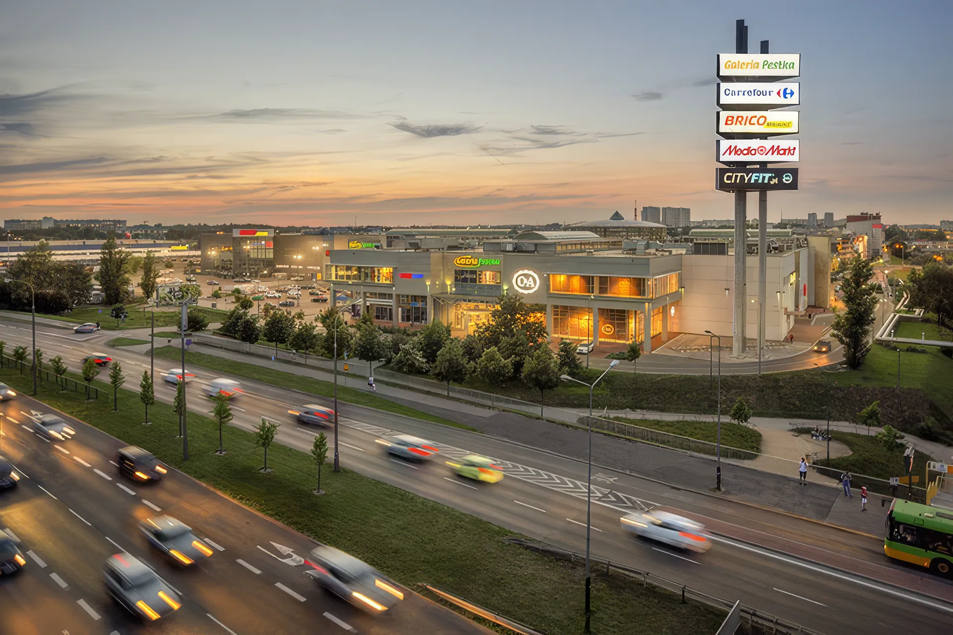 Galeria Pestka shopping centre illuminated at dusk in Poznań, Poland