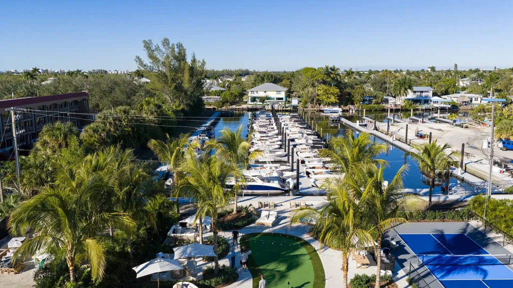 The Halcyon Marina and Waterfront Amenities Aerial view of The Halcyon marina, waterfront amenities and surrounding Naples waterways