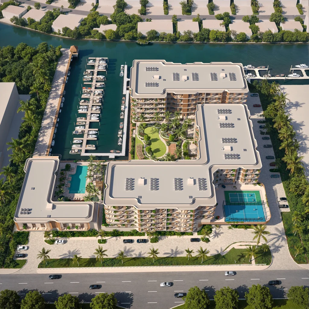 The Halcyon Residences & Marina Aerial CGI of The Halcyon Residences and Marina waterfront development in Naples Florida