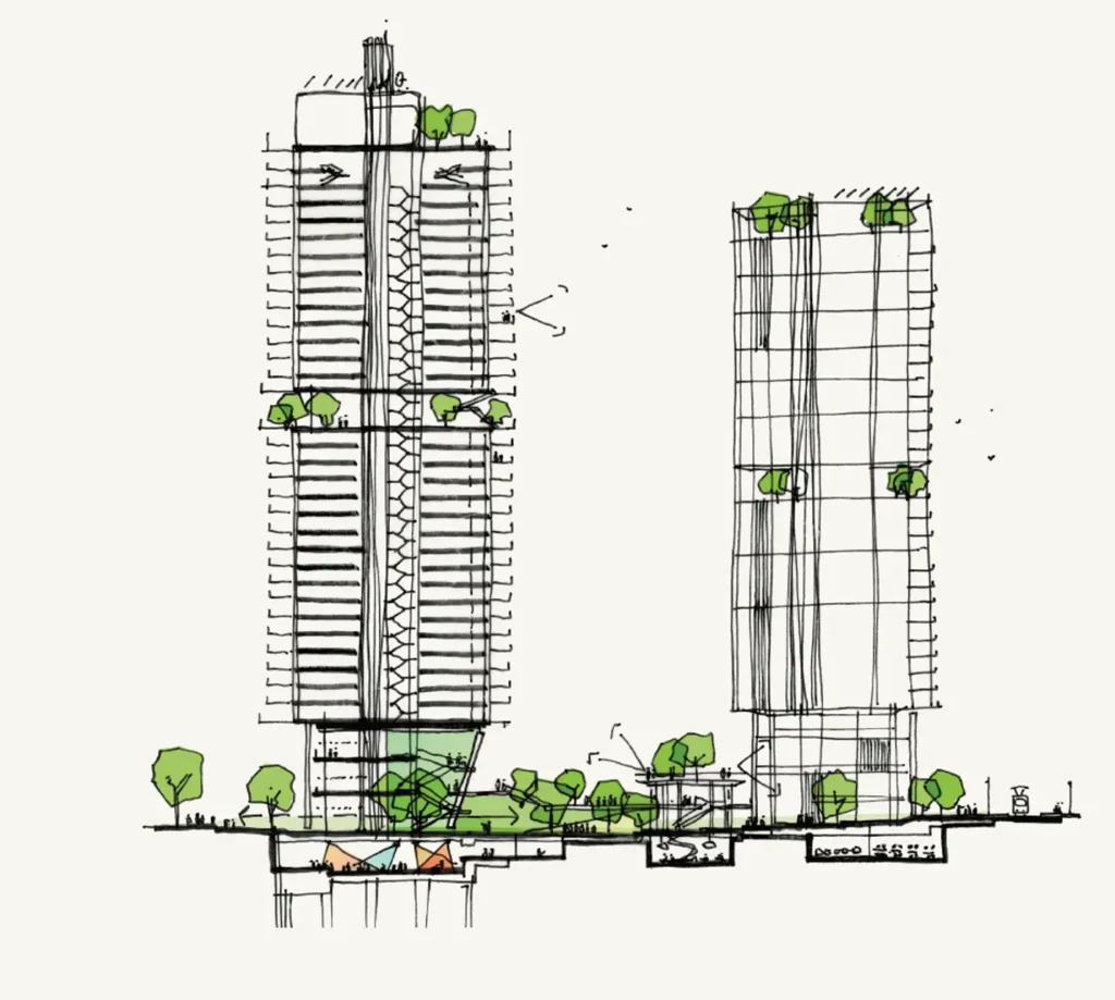 Martineau Place Concept Design Architectural concept sketch showing tower design and public realm proposals for Martineau Place