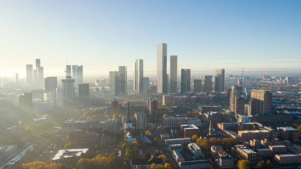Aerial View of Regent Park Aerial CGI view of Regent Park within the Salford and Manchester skyline