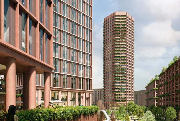 Residential towers and public gardens at Regent Park Salford
